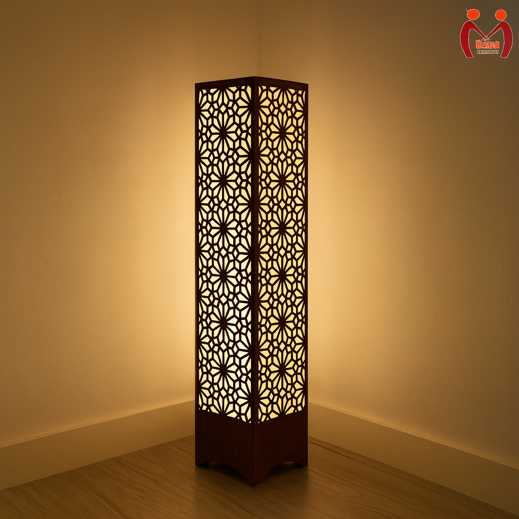 Wooden floor lamp modern tall standing lamp with laser cut design for living room and bedroom decor stylish lighting