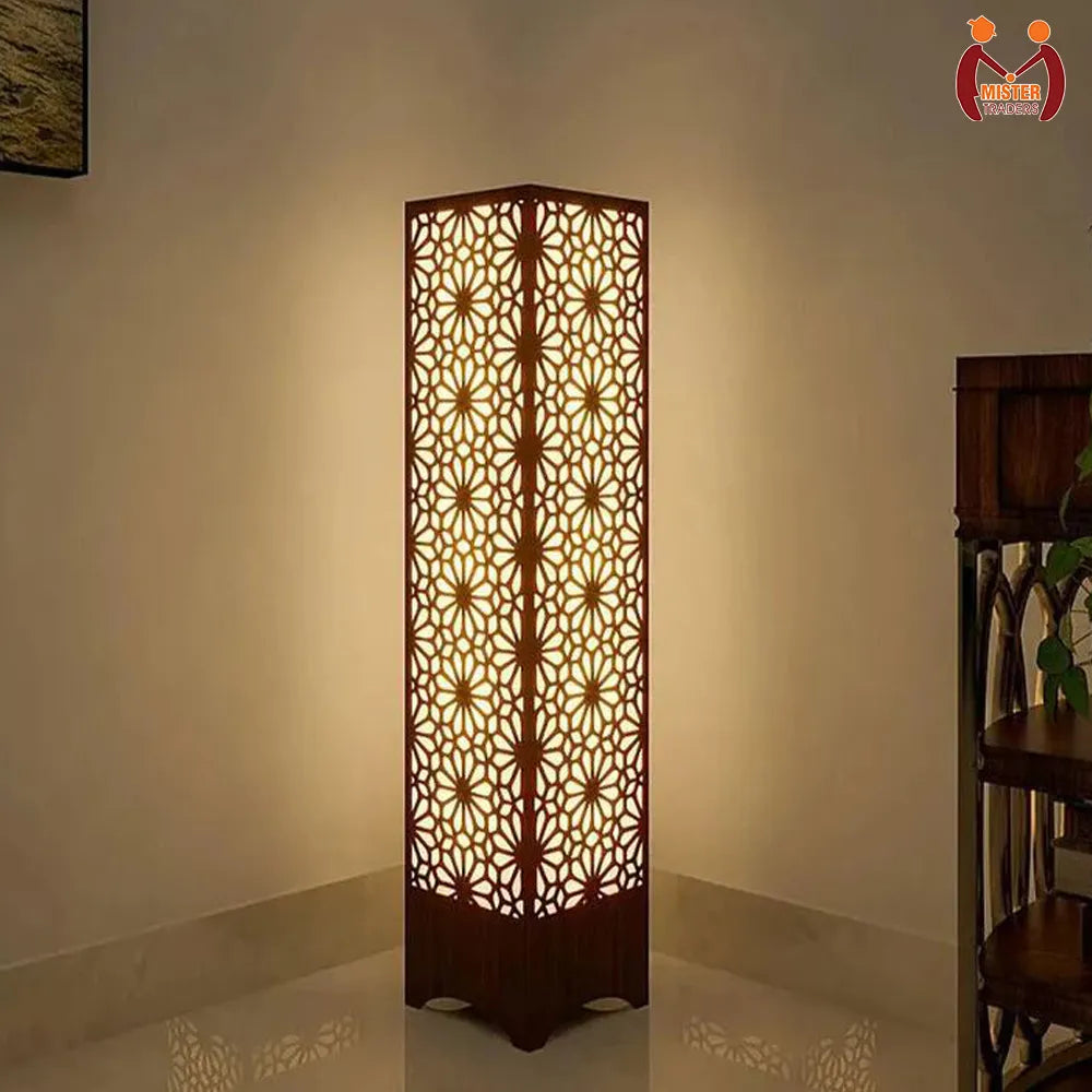 Wooden floor lamp modern tall standing lamp with laser cut design for living room and bedroom decor stylish  lighting